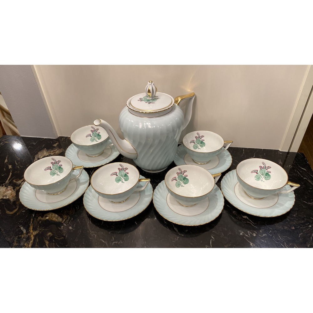 RARE Vtg Royal Bayreuth Turquoise Swirl Floral Teapot & Cups/Saucers Set For 6
